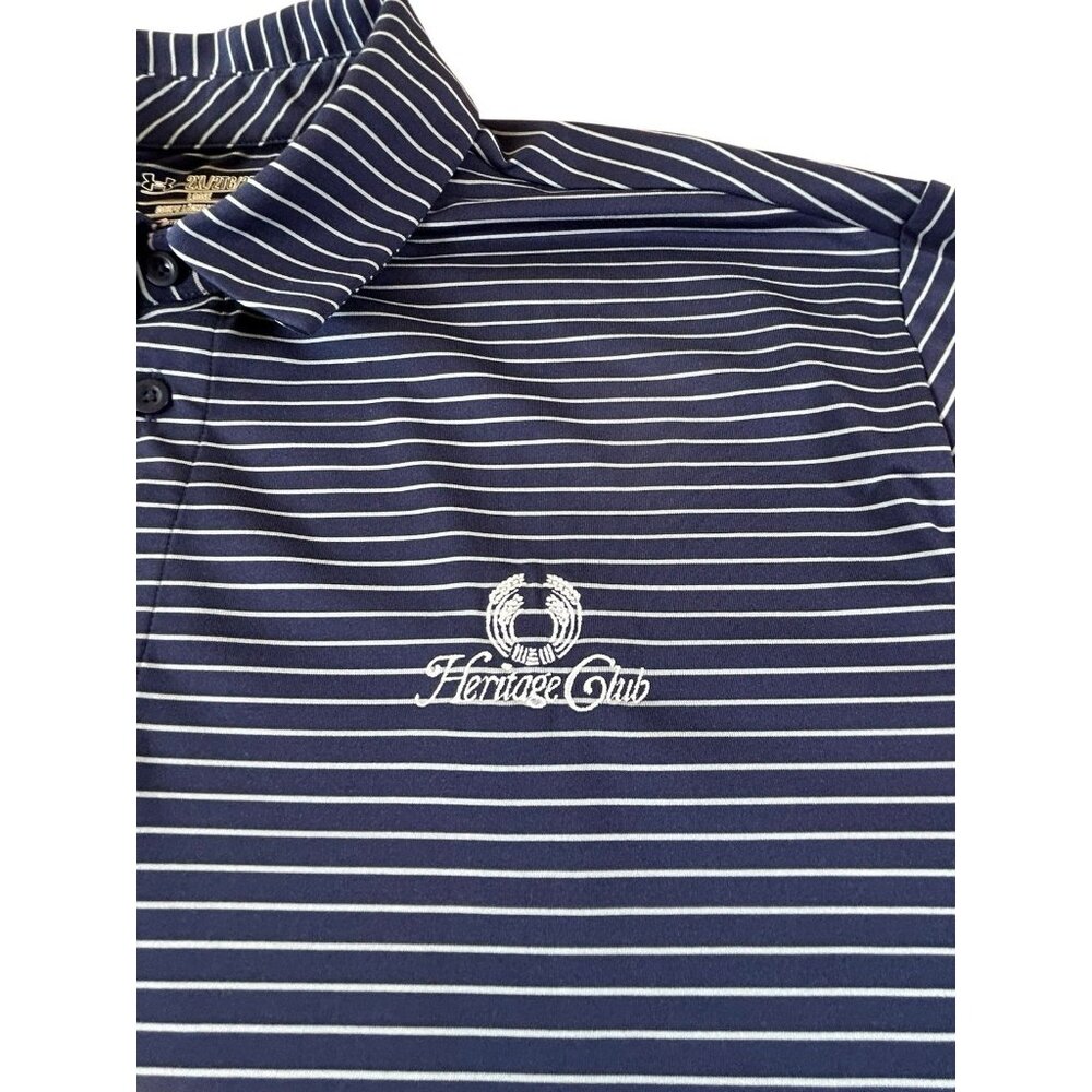 Under Armour Golf Polo Heritage Club Men's 2XL Heat Gear Blue W/ Stripes Stretch